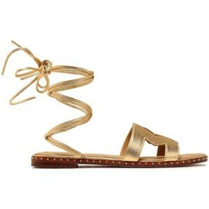 NWT Maje Fio Leather Metallic Ankle Tie Sandals 36 Gold 5.5 Cutout Lace Up Studs